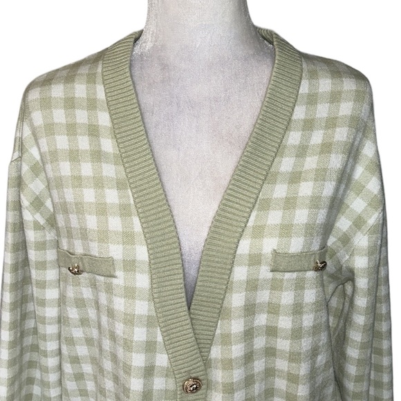 JOIE Green Gingham Checker Plaid Gold Button Front Cardigan - M - Picture 2 of 12